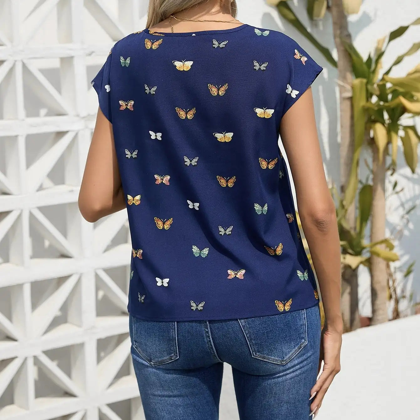Ladies' Fashionable Butterfly Print Top With Round Neck Pullover And Short Sleeved T-shirt - SJB-DIAMOND ELITES