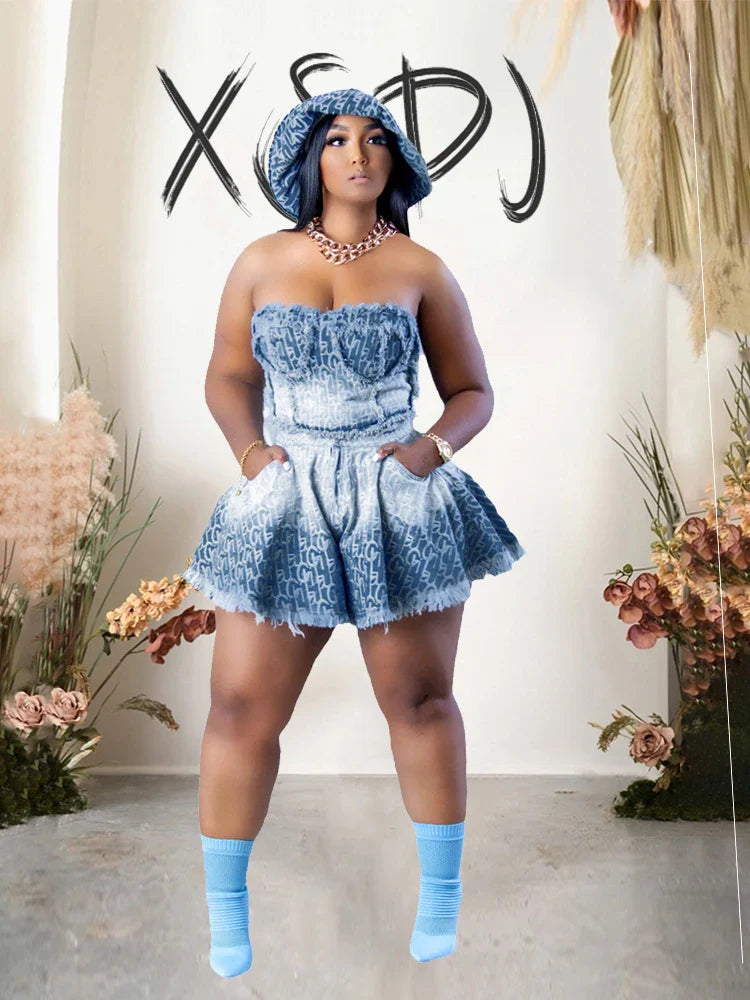 2 Piece Sets Women Outfit Summer Suit Chic and Elegant Strapless Cropped and Skirt Set Sexy Denim Set Wholesale Dropshipping Purplish Diva
