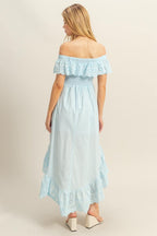 High-Low Eyelet Ruffled Off-Shoulder Dress For Summer – Fluttering, Flirty and Feminine Off-Shoulder Dress with Eyelet Detailing and High-Low Hem