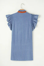 Sky Blue Stripe Frilly Split Neck Shirred Ruffle Sleeve Mini Shift Dress