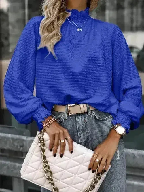 Smocked Frill Mock Neck Long Sleeve Blouse - SJB-DIAMOND ELITES