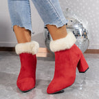 New Plaid Print Plush Ankle Boots Winter Fashoin Square Heel Suede Boots Women Casual Versatile Shoes Autumn And Winter Pi-Mart