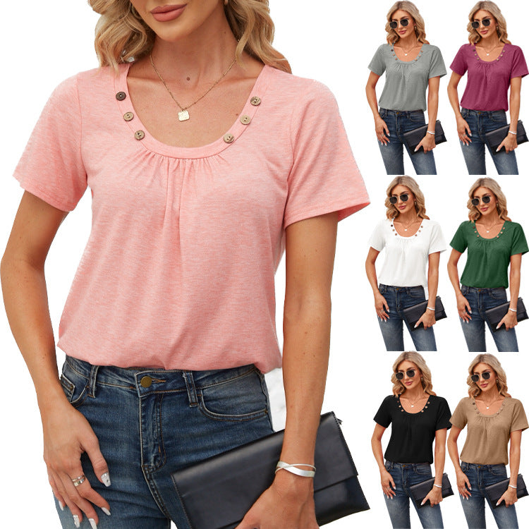 Women's Short-sleeved T-shirt Summer Button Square Collar Pleated Design Solid Color Loose T-shirt Womens Clothing Pi-Mart
