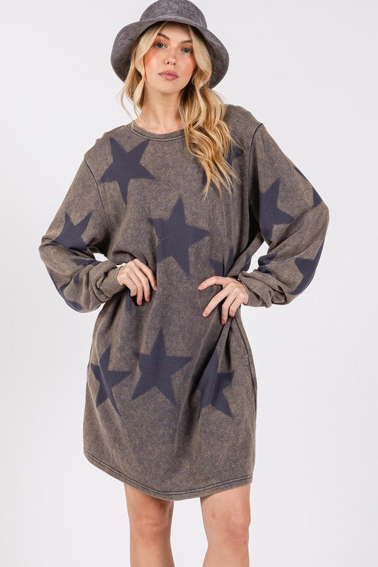Modern Star Print Round Neck Dress Casual And Trendy Women’s Comfortable Soft Dress Stevvex