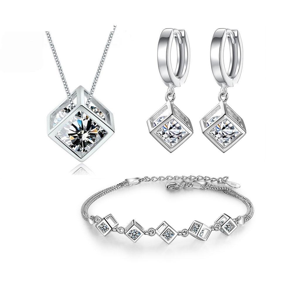 New Style Stamp Silver Color Jewelry Luxury Sets Zircon Elegant Square Cube Necklace Earrings Bracelet For Women - SJB-DIAMOND ELITES