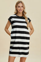 Full Size Striped Round Neck Cap Sleeve Mini Dress For Women – Striped Mini Dress, Full-Size Round Neck Dress, Comfortable Cap Sleeve Dress, Chic Striped Dress, Flattering Mini Dress, Casual Everyday Dress, Versatile Striped Dress Stevvex