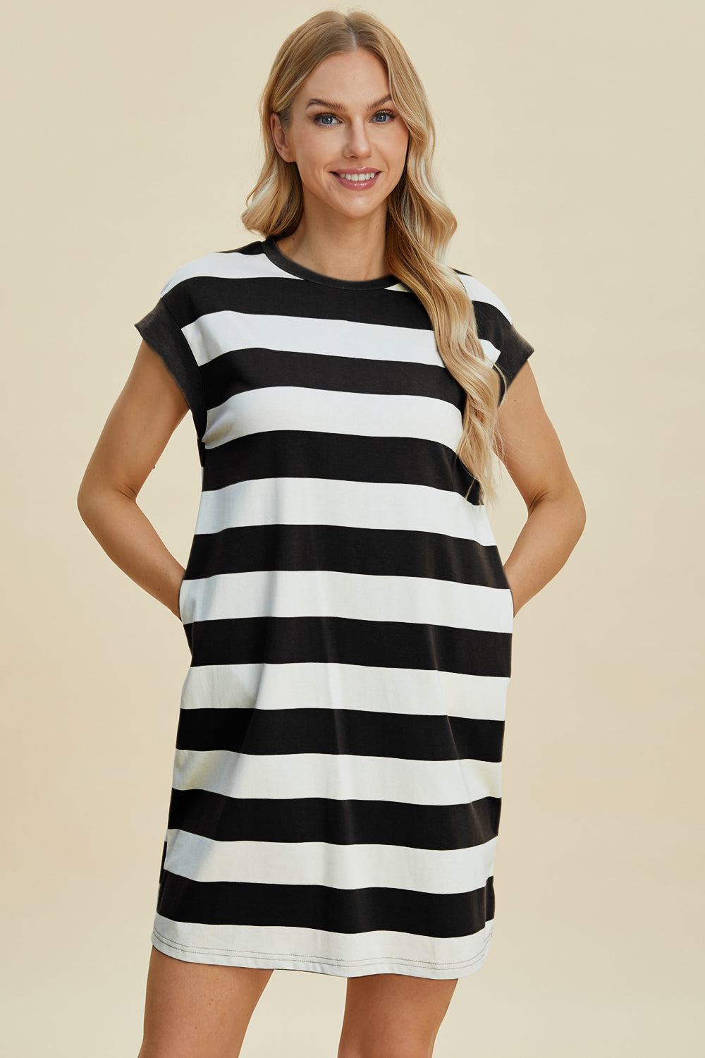 Full Size Striped Round Neck Cap Sleeve Mini Dress For Women – Striped Mini Dress, Full-Size Round Neck Dress, Comfortable Cap Sleeve Dress, Chic Striped Dress, Flattering Mini Dress, Casual Everyday Dress, Versatile Striped Dress Stevvex