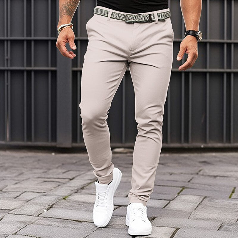 Men's Pure Color Tight Pocket Zipper Business Casual Slim-fitting Trousers Pi-Mart