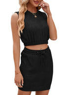 Wave Pattern Design Suit For Women Round Neck Sleeveless Top And Drawstring Design Short Skirt Fashion 2-piece Set Summer Clothing Pi-Mart