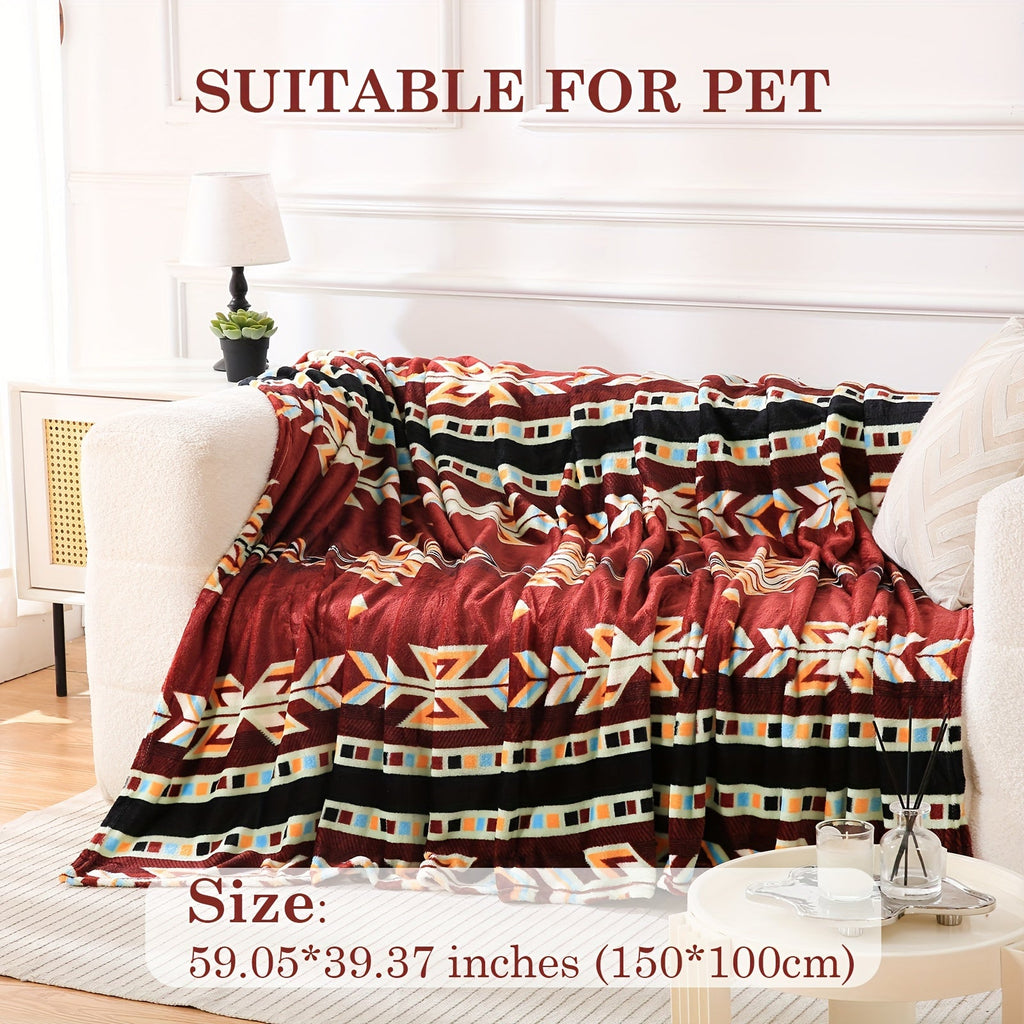 1pc Southwest Native American Flannel Polyester Throw Double-side Printed Blanket, Aztec Geometry Pattern Travel Couch Bed Blanket Plush Soft Lightweight Blanket For All Season Lootquake LLC
