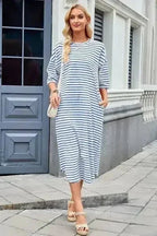 Lovelet Contrast Striped Half Sleeve Midi Tee Dress