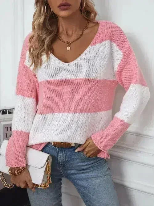 Color Block V-Neck Long Sleeve Sweater - SJB-DIAMOND ELITES