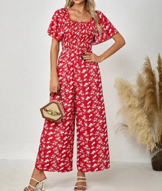Ladies' Printed Square Neck Fashionable Loose Vacation Style Jumpsuit - SJB-DIAMOND ELITES