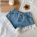 Summer Sweet Lolita Style Denim Shorts Sets Girls Sexy Lace Bandage Camisole Crop Tops Ruffles Jeans Short Pants Women 2PC Set Purplish Diva