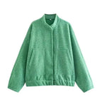 Women's V-Neck Bomber Jacket with Ruffled Sleeves