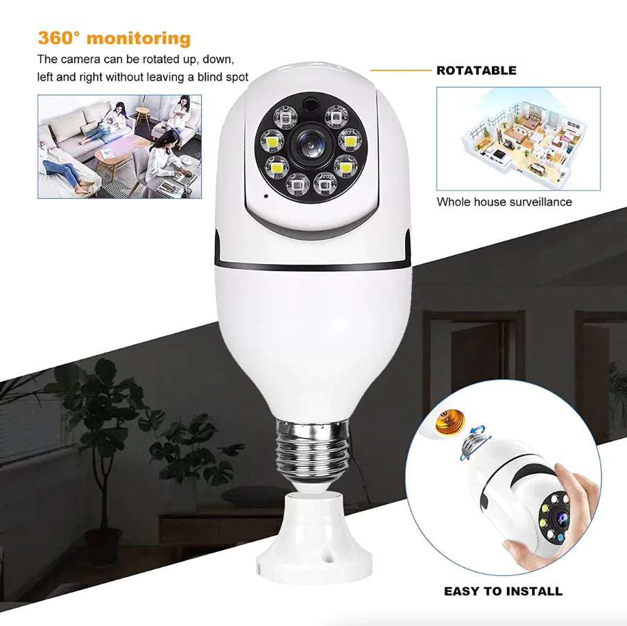360° 1080P IP E27 Light Bulb Camera Wi-Fi IR Night Smart Home Wireless Security Pi-Mart