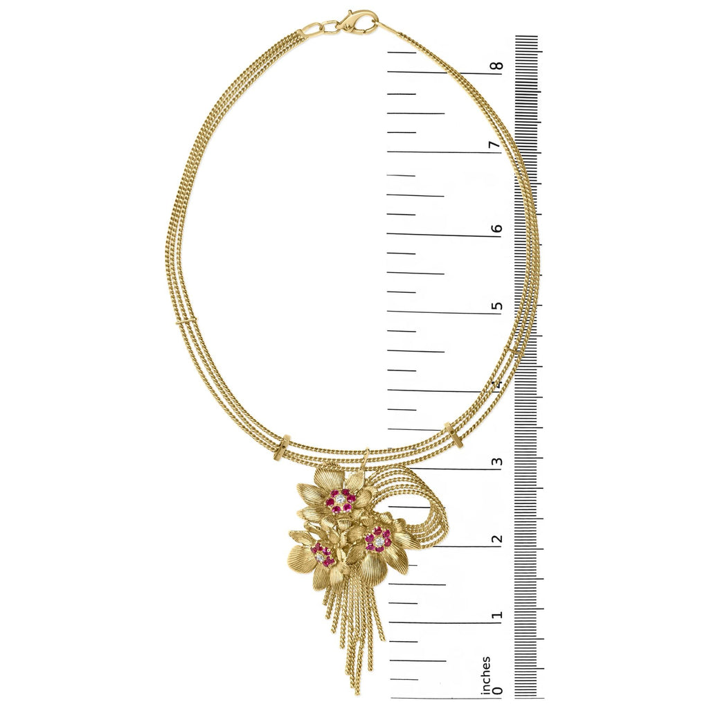 18K Yellow Gold Diamond and Red Ruby Floral Cascade Statement Necklace with 16" Inch Bead Chain (F-G Color, VS1-VS2 Clarity)