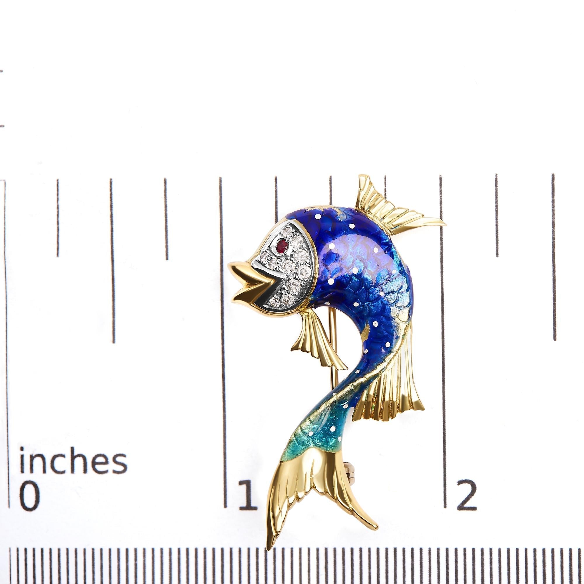 18K Yellow Gold and Blue Enamel Diamond and Pink Sapphire Fish Brooch Pin (H-I Color, VS2-SI1 Clarity) Lootquake LLC