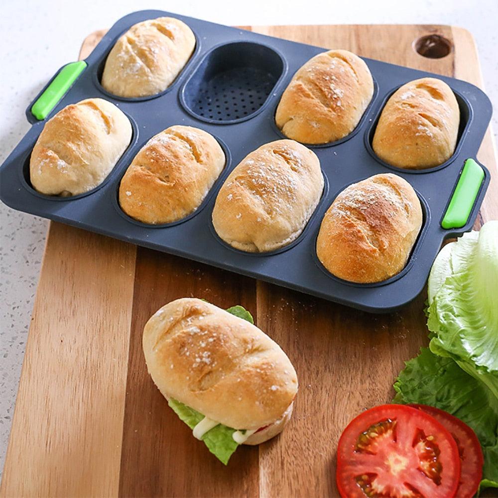 8 Cavity Bread Mold Silicone Baking Toast Moulds Home Cake Food Grade French Bread Biscuit Molds Non-stick Perforated Pan, Bread Crisping Tray, Loaf Baking Mould, French Bread, Breadstick Stevvex