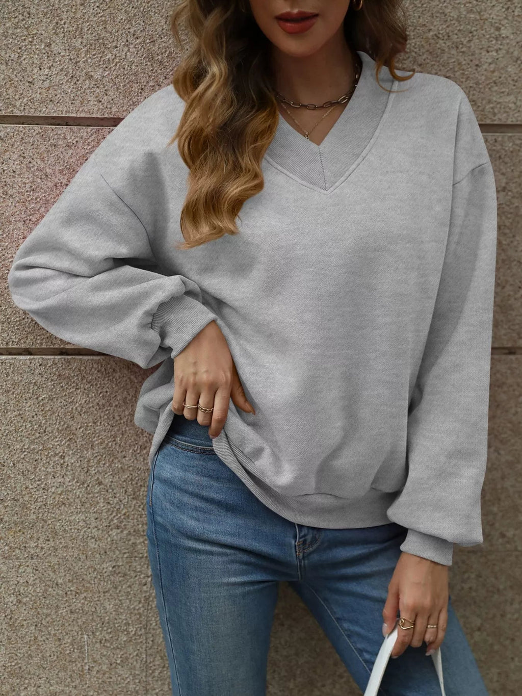 V-Neck Solid Color Casual Sweatshirt THRIXINE