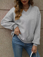 V-Neck Solid Color Casual Sweatshirt THRIXINE