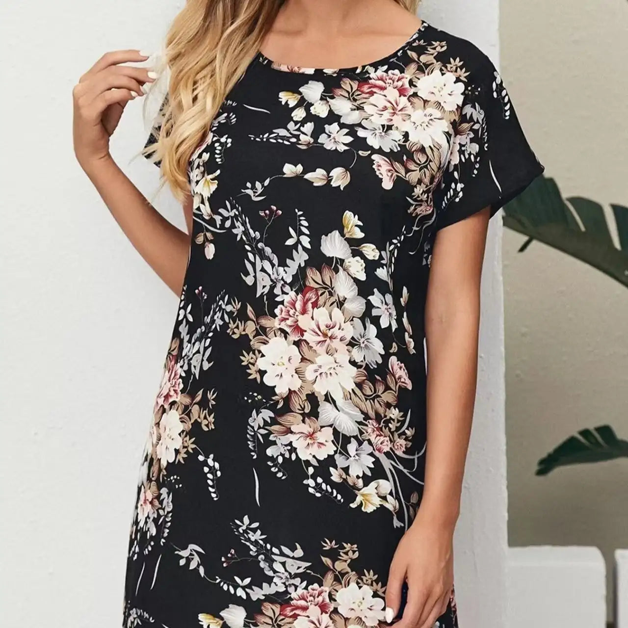Ladies' Batwing Sleeve Floral Print Waist With Casual Pullover Round Neck Short Sleeved Skirt - SJB-DIAMOND ELITES