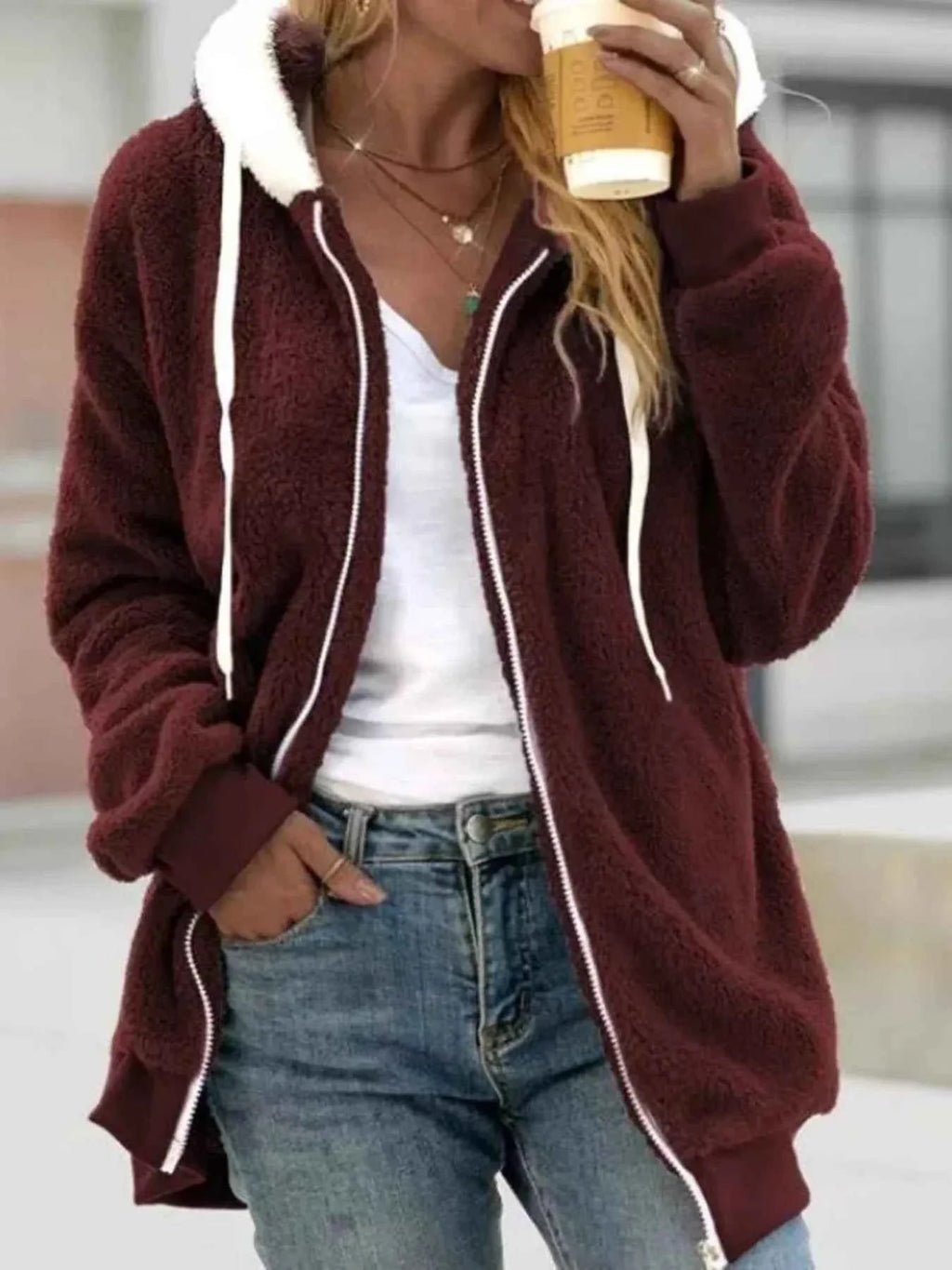 Full Size Cozy Fleece Zip-Up Hooded Jacket Plus Size THRIXINE