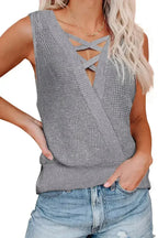 Gray Crisscross Hollow-out Knit Tank Top - SJB-DIAMOND ELITES