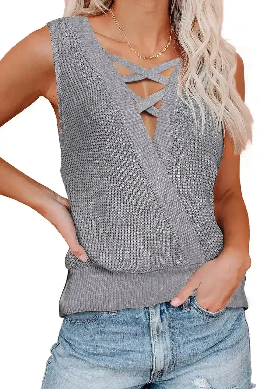 Gray Crisscross Hollow-out Knit Tank Top - SJB-DIAMOND ELITES