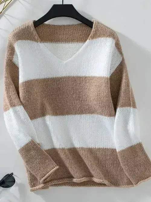 Color Block V-Neck Long Sleeve Sweater - SJB-DIAMOND ELITES