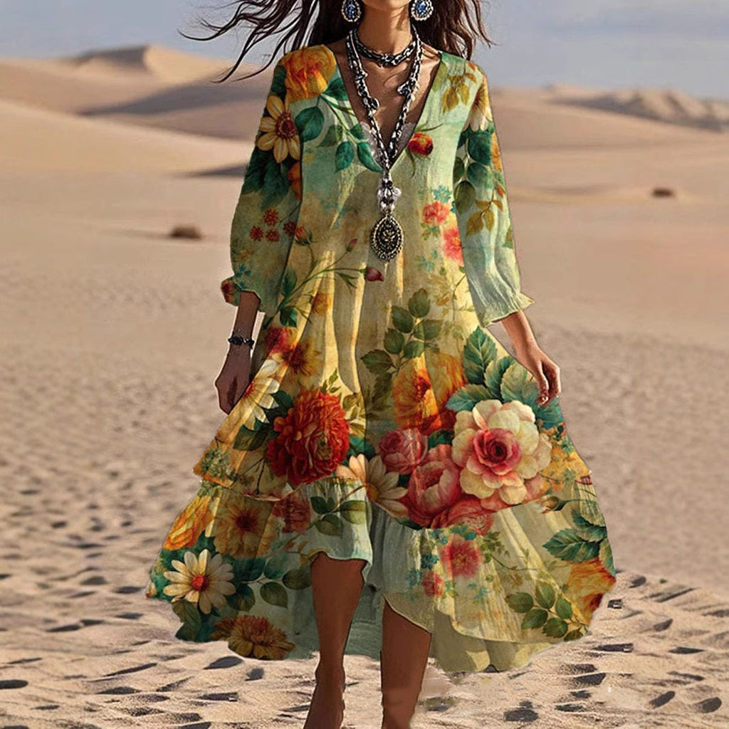 Fashion Flower Printed V-neck Mid-length Dress Lootquake LLC