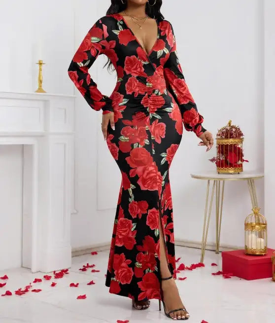Ladies' V-neck Floral Print Fashionable Hip Hugging Dress - SJB-DIAMOND ELITES