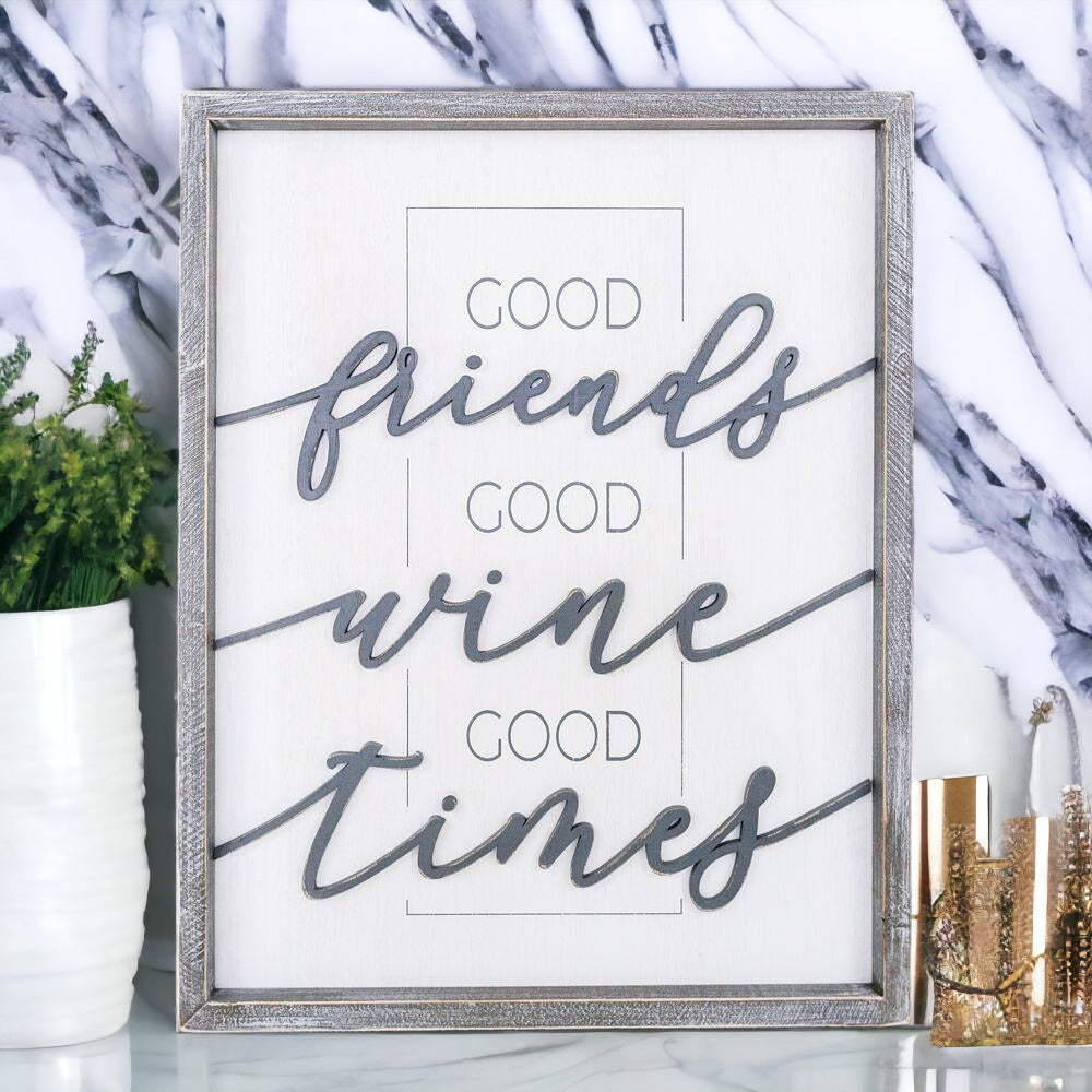 Good Wine Wood Sign - Good Friends Good Wine Good Times XL Framed Decor BandsCo Straps