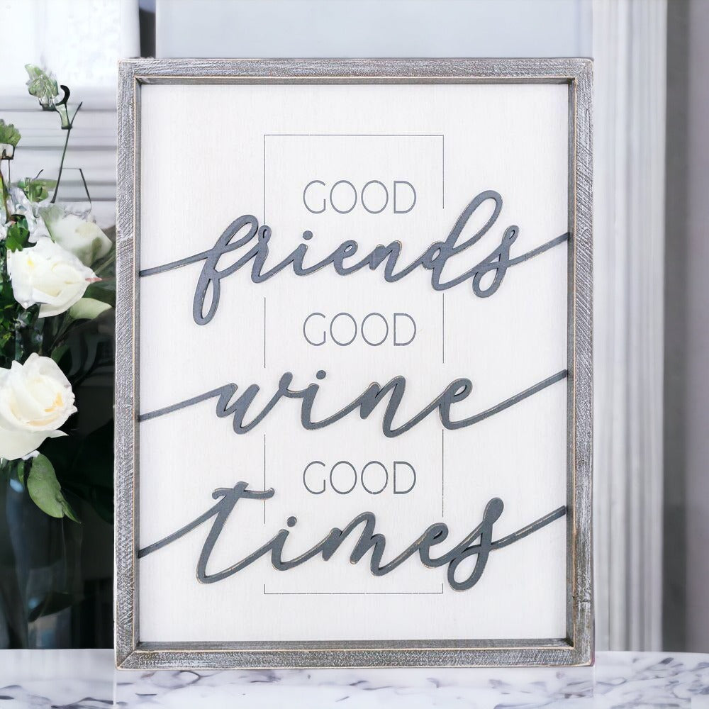 Good Wine Wood Sign - Good Friends Good Wine Good Times XL Framed Decor BandsCo Straps