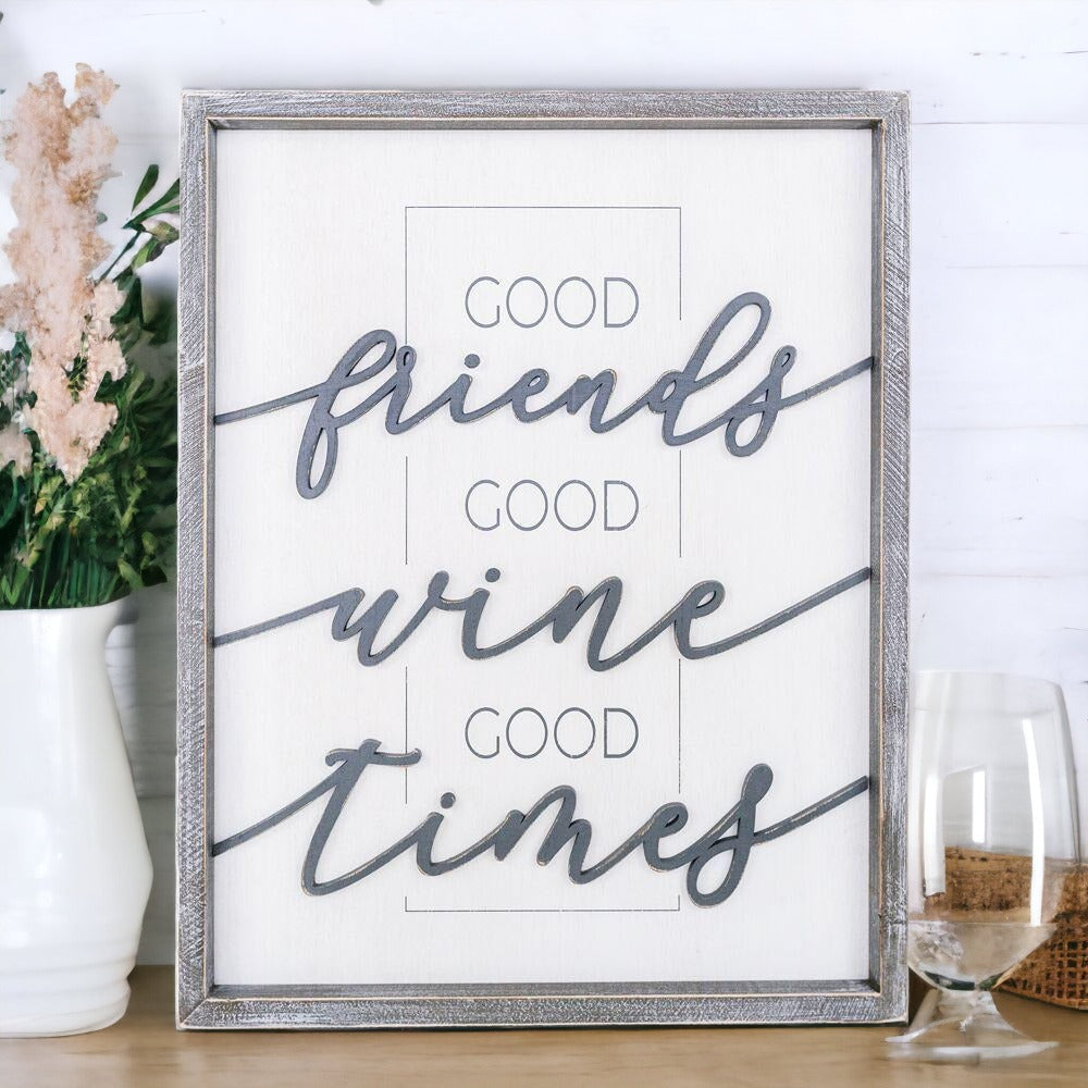 Good Wine Wood Sign - Good Friends Good Wine Good Times XL Framed Decor BandsCo Straps