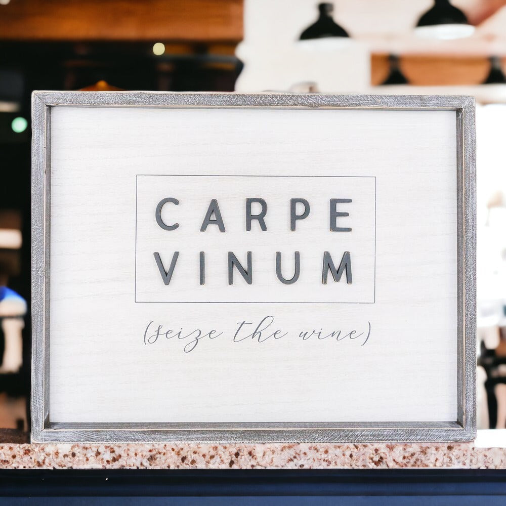 Carpe Vinum XL Large Wooden Framed Wine Sign Wall Decor Seize The Wine Rustic Limited Edition BandsCo Straps