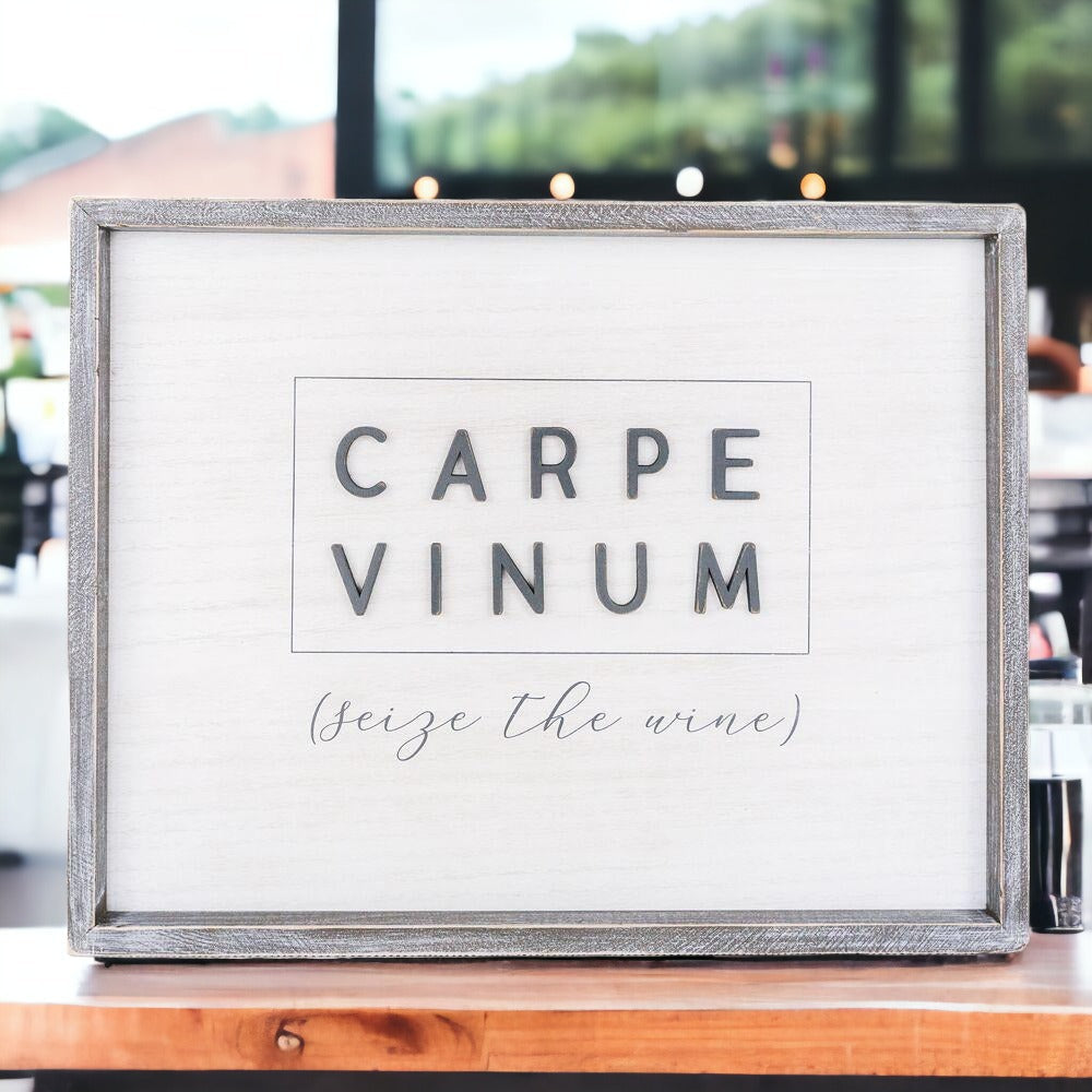 Carpe Vinum XL Large Wooden Framed Wine Sign Wall Decor Seize The Wine Rustic Limited Edition BandsCo Straps