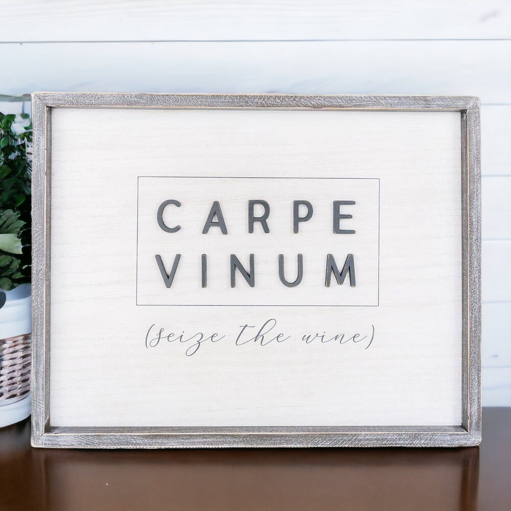 Carpe Vinum XL Large Wooden Framed Wine Sign Wall Decor Seize The Wine Rustic Limited Edition BandsCo Straps
