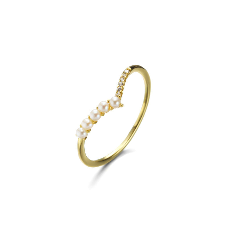 V-shaped Natural Pearl Zircon Ring Girl Pi-Mart
