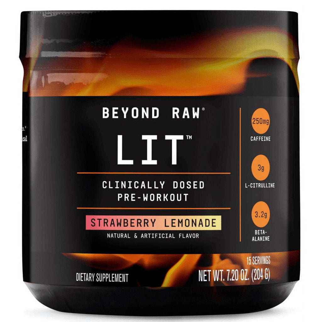 Beyond Raw? LIT? Pre-Workout Powder, Strawberry Lemonade, 250mg Caffeine, 7.20 oz