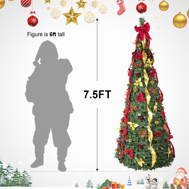 Prelit Full Pop Up Christmas Tree With Warm LED Lights, Gold And Red Ribbon, Bows, Balls Ornaments Easy Assemble Collapsible Xmas Trees Holiday Party Decor