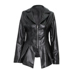 Suit Collar Hem Ruffled Slim-Fit Motorcycle PU Leather Jacket Pi-Mart