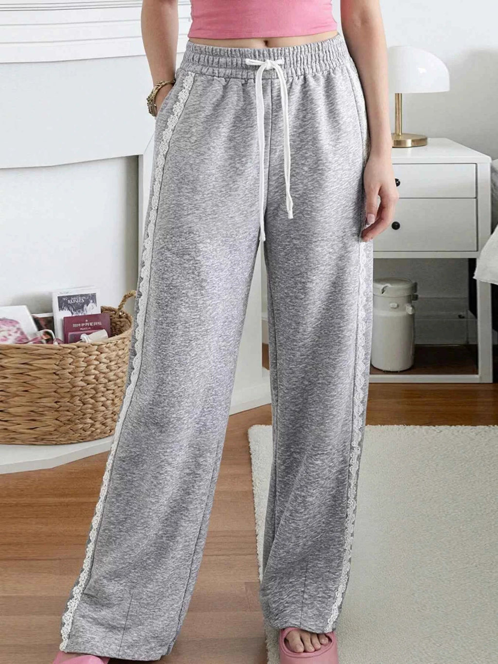 Lace Trim Wide Leg Pants THRIXINE