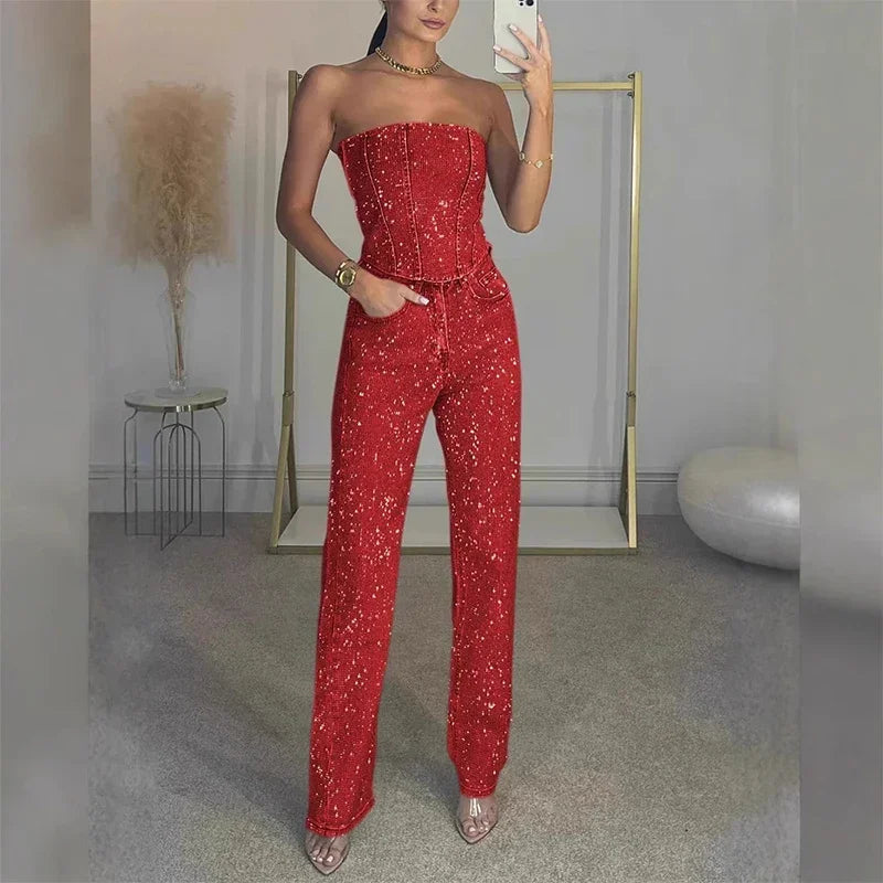 CPSYMYM Rhinestones Denim Vest Jeans Set Women Sexy Slim Sleeveless Strapless Empire Waist Zipper Pocket Pencil Trouser  Summer Purplish Diva
