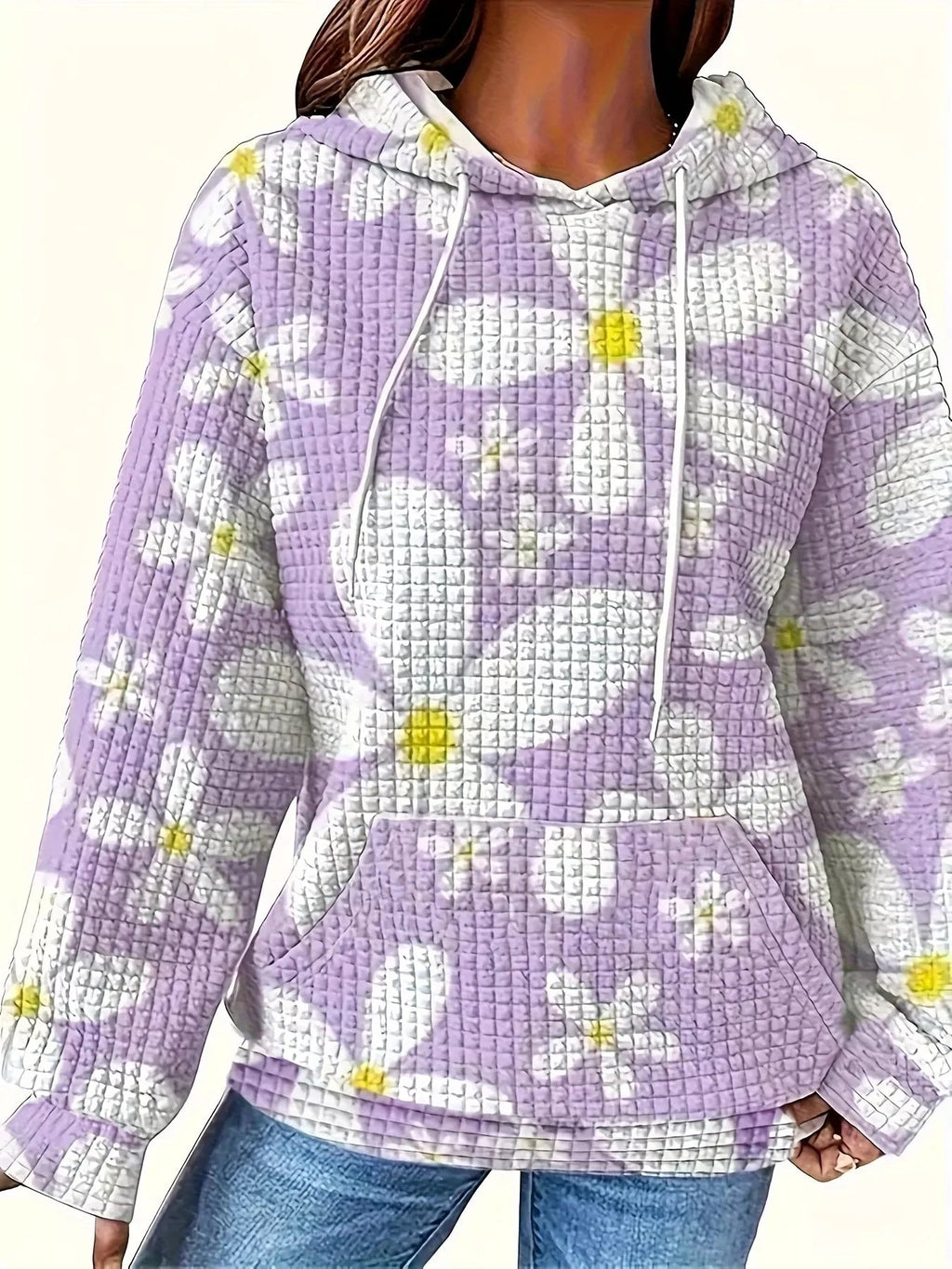Floral Print Textured Drawstring Hoodie THRIXINE