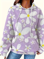 Floral Print Textured Drawstring Hoodie THRIXINE