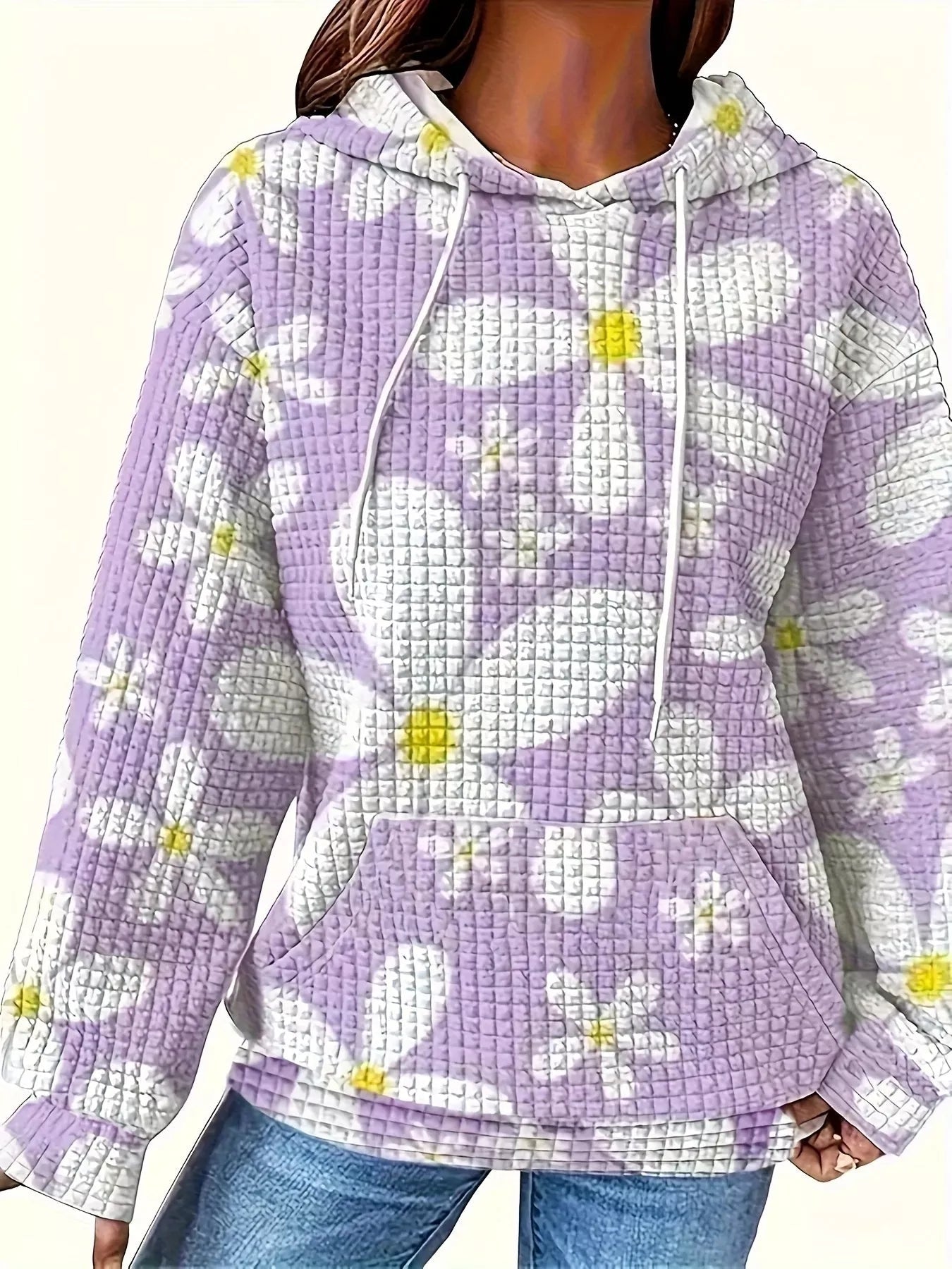 Floral Print Textured Drawstring Hoodie THRIXINE