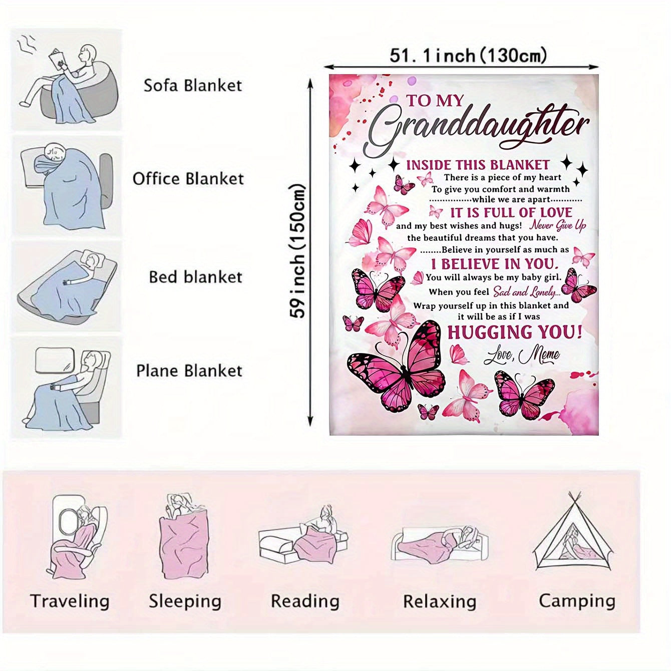 Soft Cozy Flannel Blanket - Butterfly Printed - A Perfect Holiday Gift for Granddaughter From Grandma!