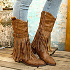 Retro Tassel Boots With Rivet Strap Buckle Design Shoes For Women Winter Footwear Fashion Mid-calf Square Heel Knight Western Boots Pi-Mart