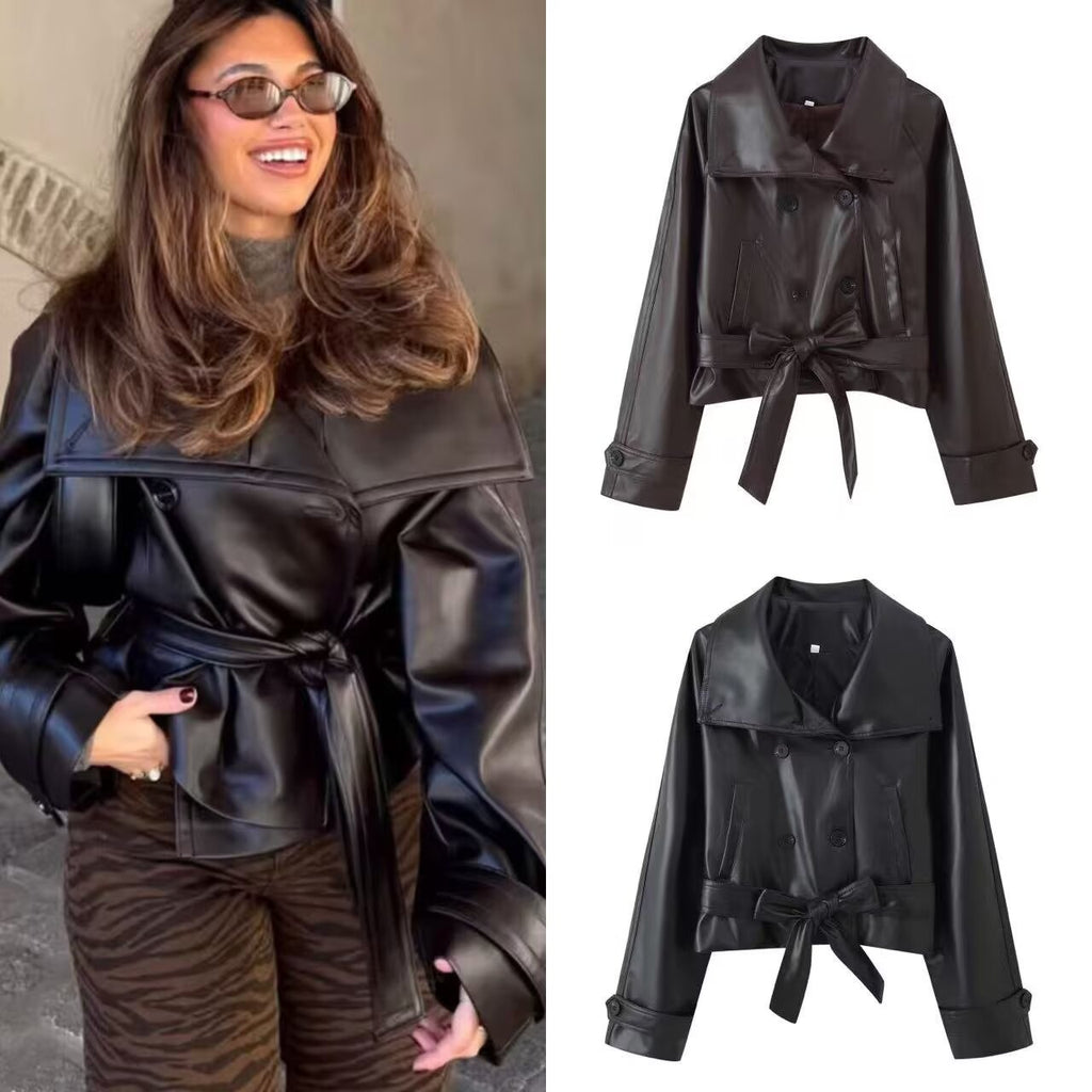 Trendy Wild Two-color Double Breasted Short Lace Up Leather Coat